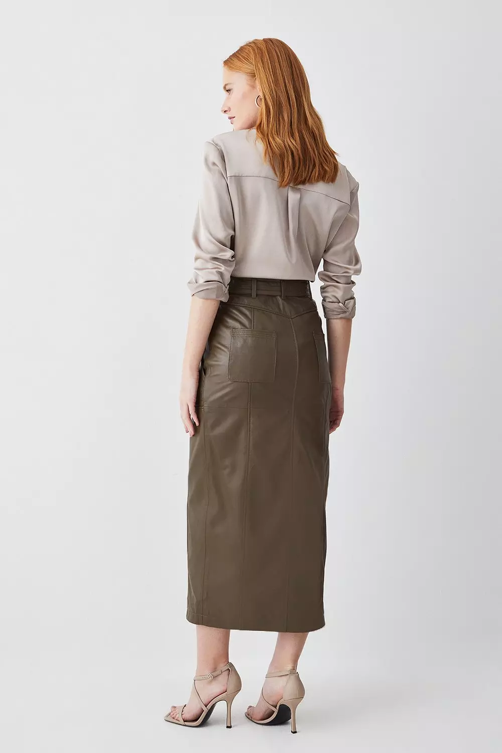 Green belted shop leather skirt